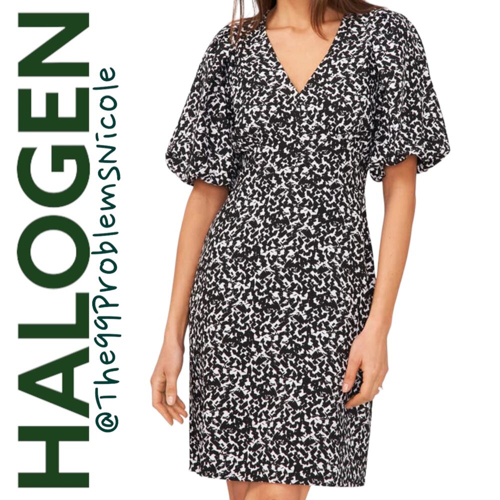 Halogen Puff Sleeve Sheath Dress in Pebbles Black